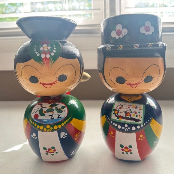 Vintage Other - Vintage Korean Kokeshi Wedding Large Bobblehead Dolls Wooden Hand Painted Noddin